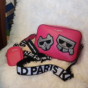 Karl Lagerfeld Vibrant Pink Crossbody Bag with Graphic Accents